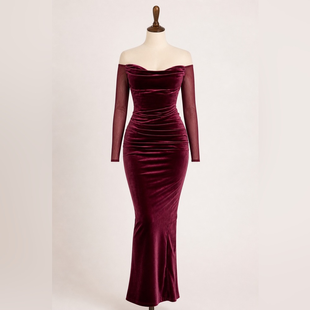 House of CB Leora Mulberry Velvet Off Shoulder Midi Dress | D–E Cup | Corset Fit